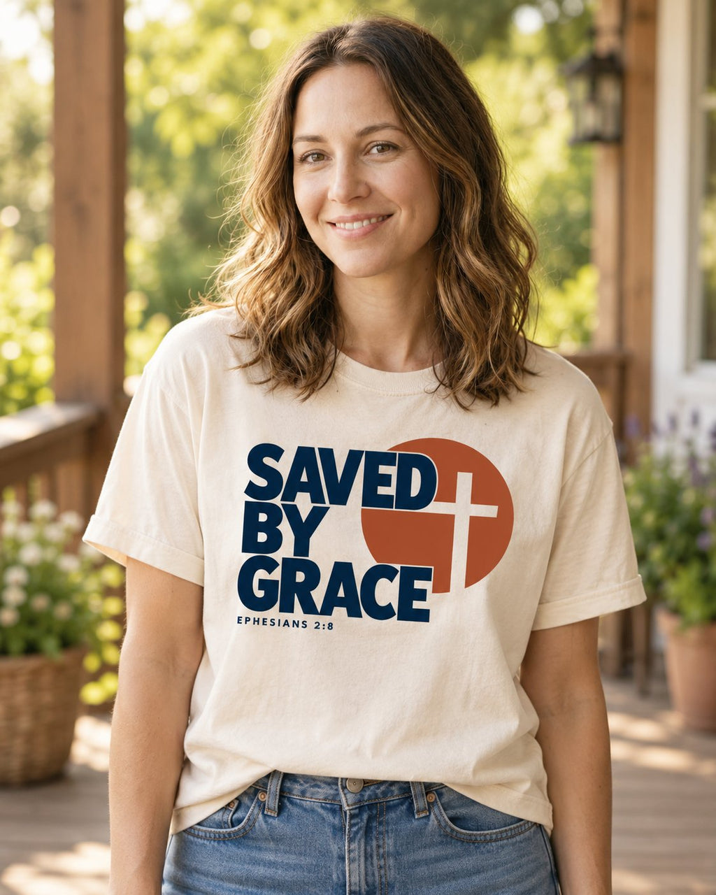 Saved by Grace Bold Cross, Ivory women's Christian tee, lifestyle photo in sunny porch, Bold SAVED BY GRACE lettering with a cross in a circle, She Wears Faith