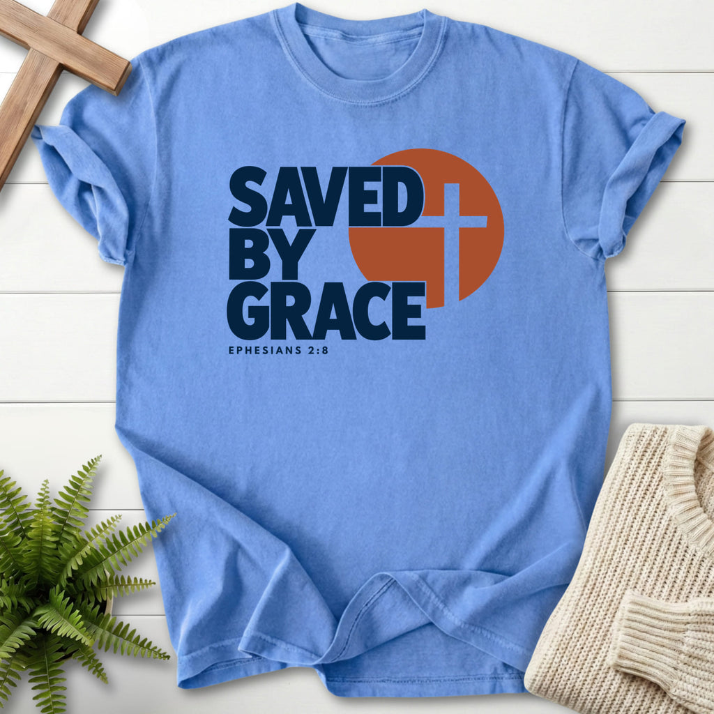 Mystic Blue Saved by Grace Bold Cross T-shirt flat lay mockup, Ephesians 2:8 Christian apparel for women