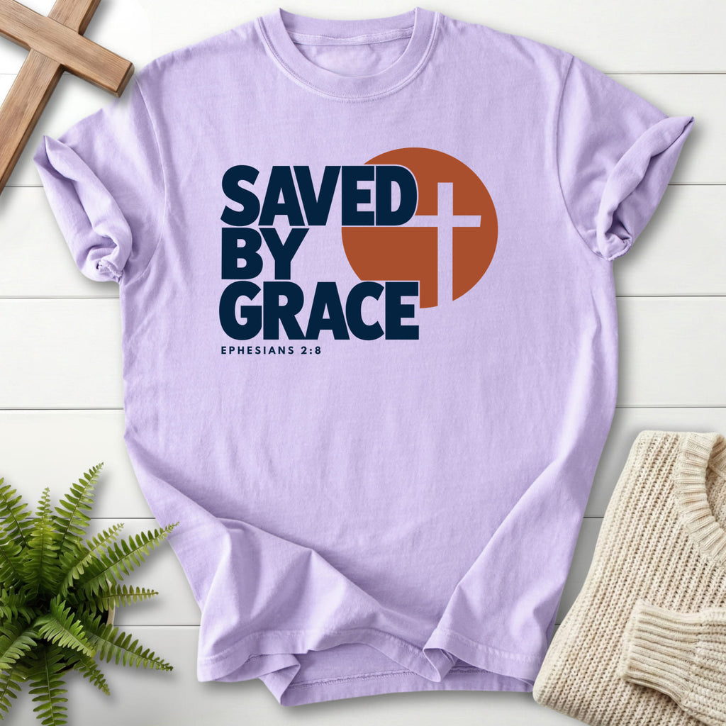 Orchid Saved by Grace Bold Cross T-shirt flat lay mockup, Ephesians 2:8 Christian apparel for women