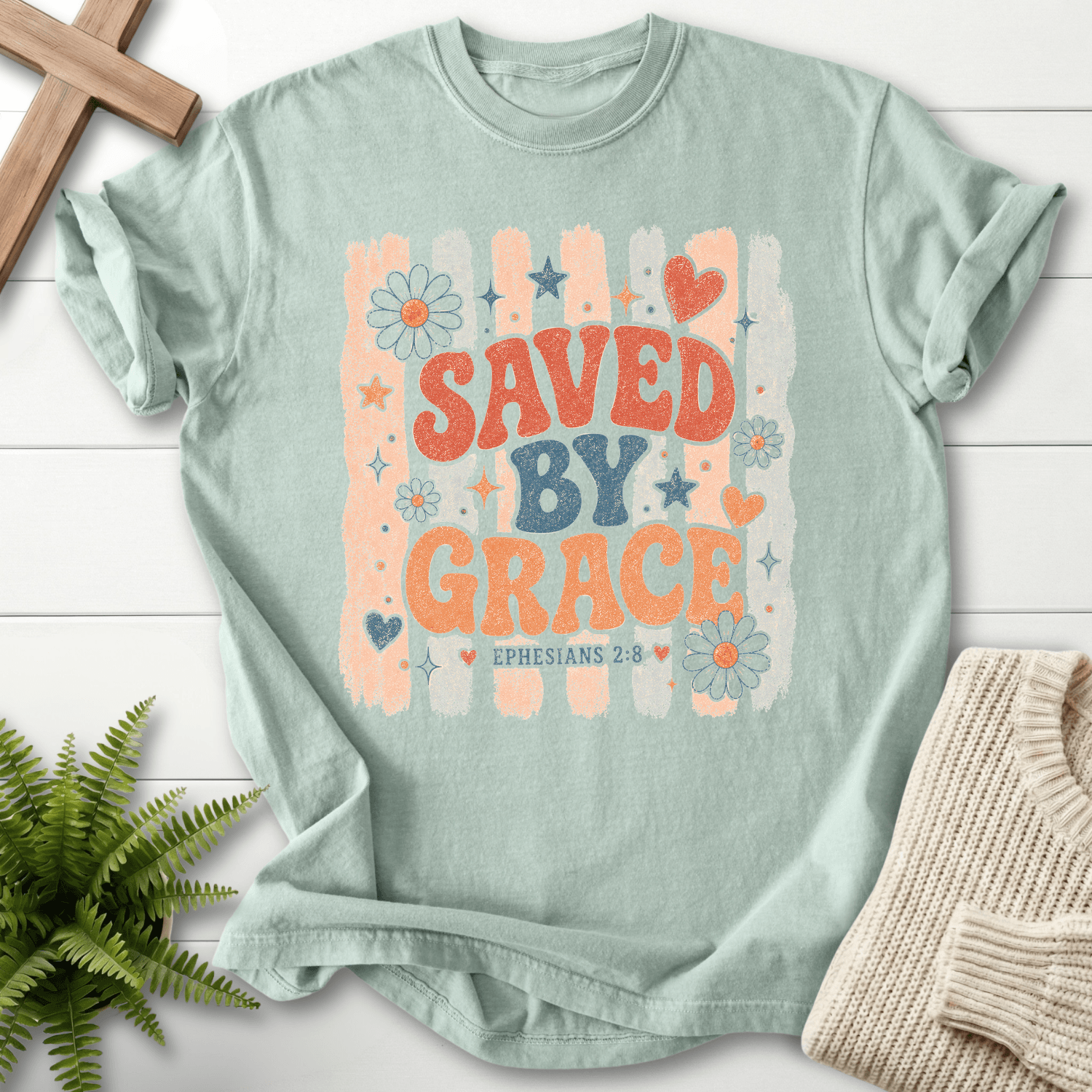 Saved By Grace Retro Floral T-Shirt in Bay | She Wears Faith