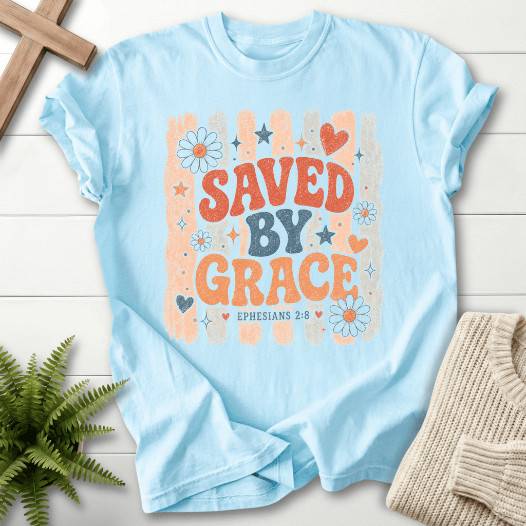 Saved By Grace Retro Floral T-Shirt in Chambray | She Wears Faith