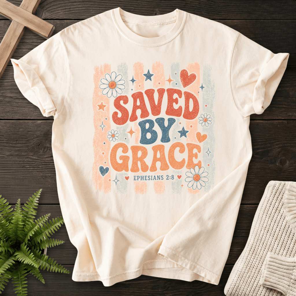 Saved By Grace Retro Floral T-Shirt in Ivory | She Wears Faith