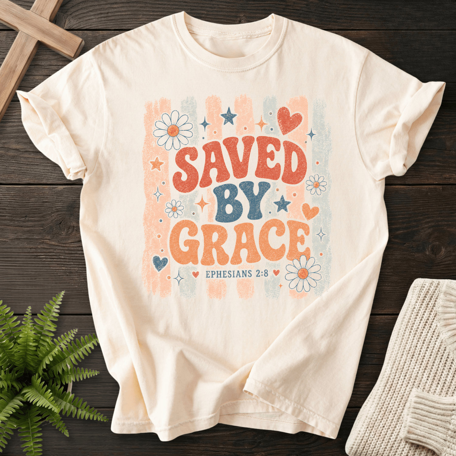 Saved By Grace Retro Floral T-Shirt in Ivory | She Wears Faith