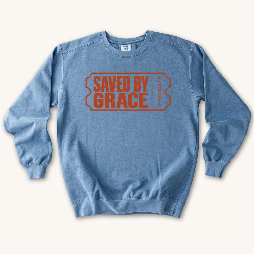 Blue Jean Saved by Grace Ticket sweatshirt flat lay mockup, Ephesians 2:8 Christian apparel for women