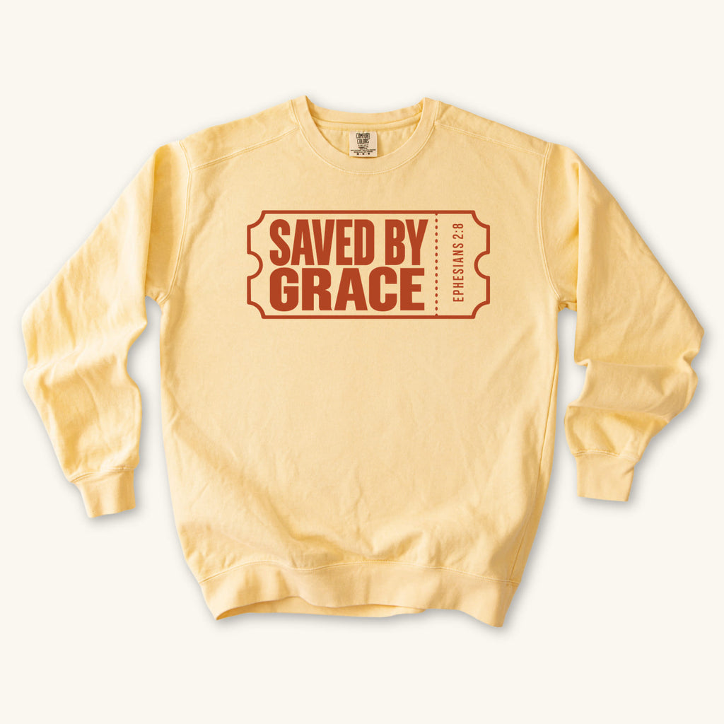 Butter Saved by Grace Ticket sweatshirt flat lay mockup, Ephesians 2:8 Christian apparel for women