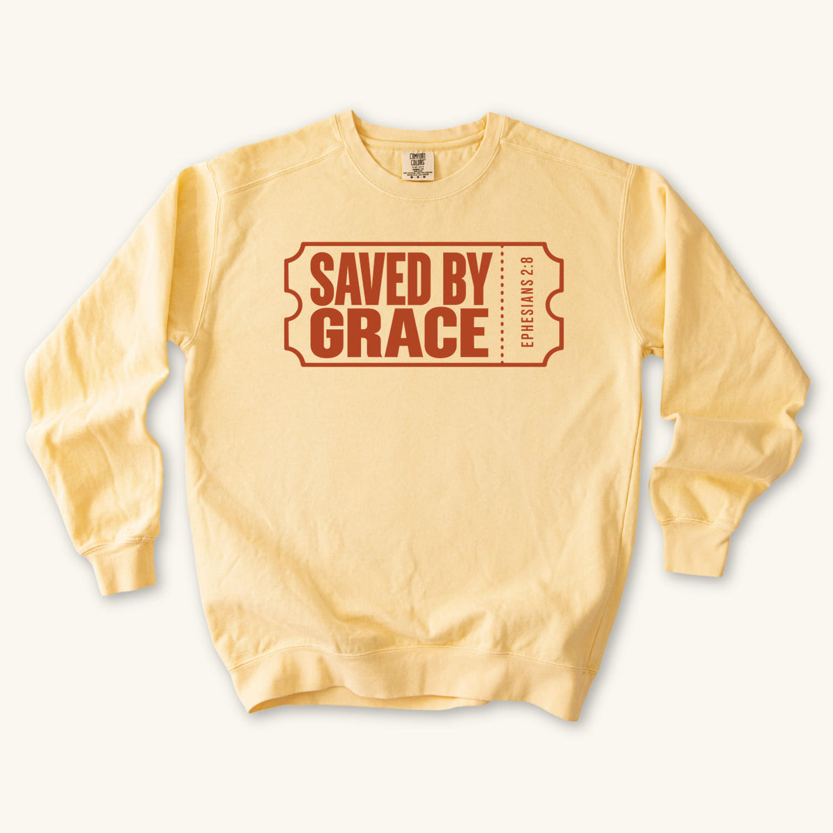 Butter Saved by Grace Ticket sweatshirt flat lay mockup, Ephesians 2:8 Christian apparel for women