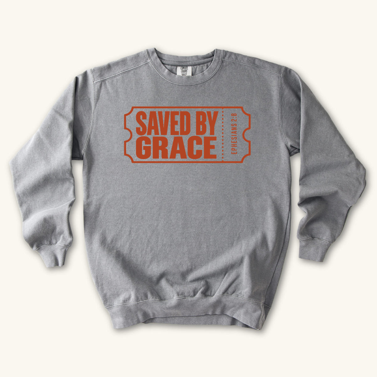 Grey Saved by Grace Ticket sweatshirt flat lay mockup, Ephesians 2:8 Christian apparel for women