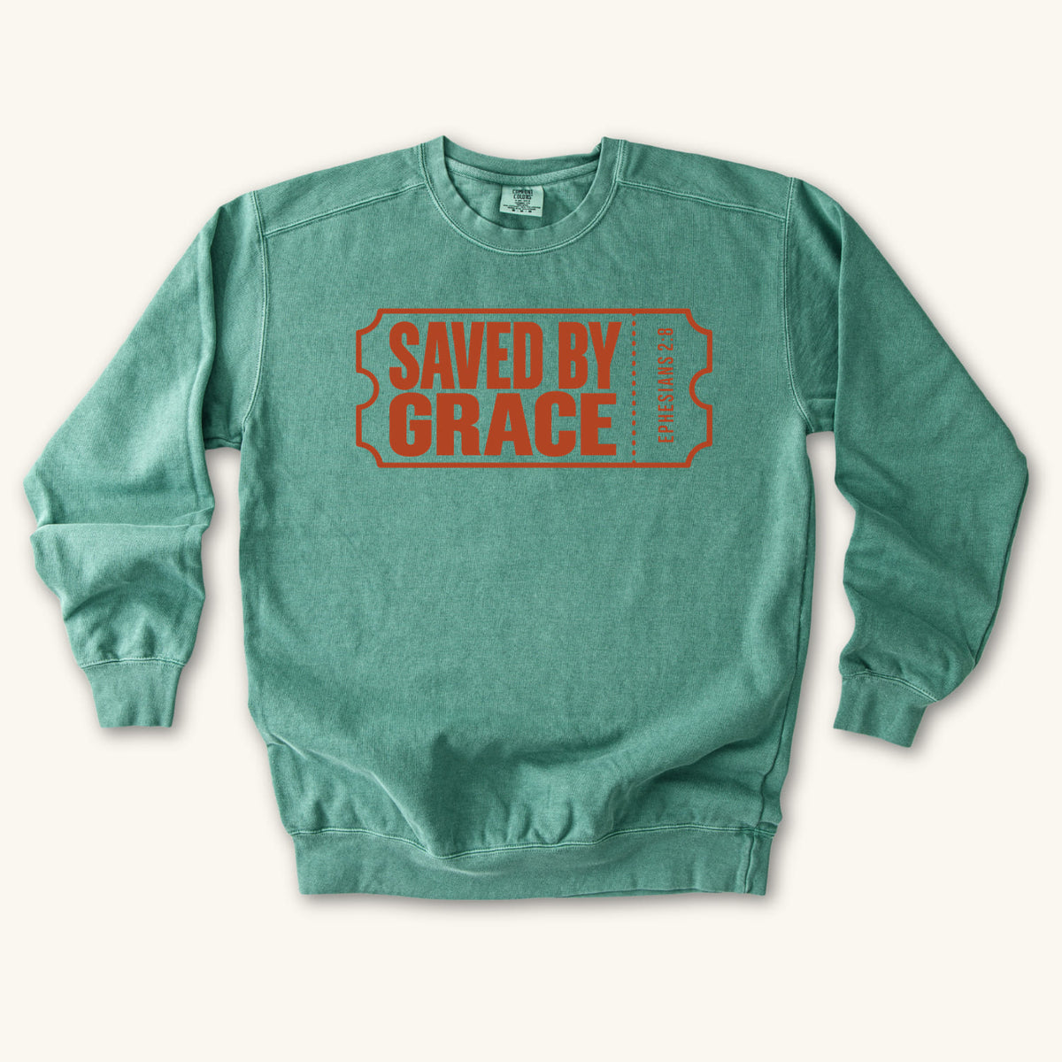 Light Green Saved by Grace Ticket sweatshirt flat lay mockup, Ephesians 2:8 Christian apparel for women