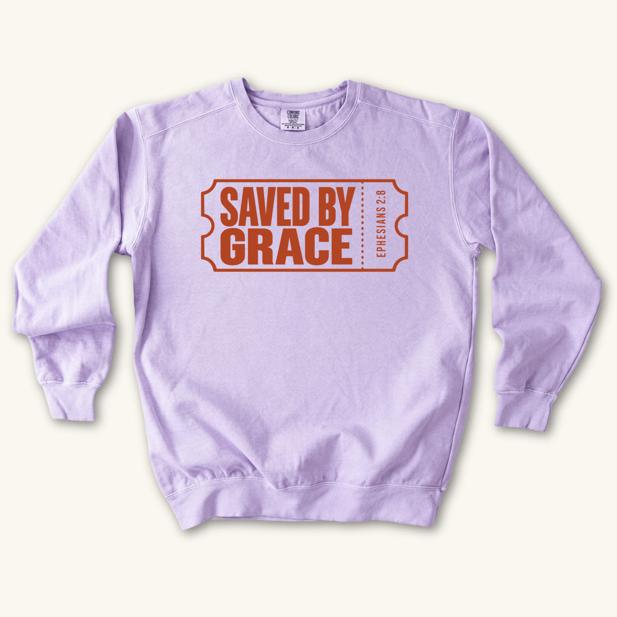Orchid Saved by Grace Ticket sweatshirt flat lay mockup, Ephesians 2:8 Christian apparel for women