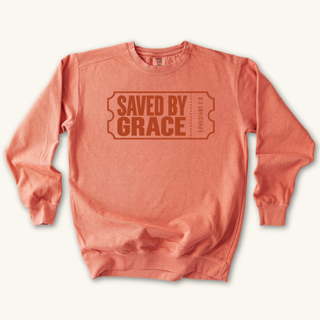 Terracotta Saved by Grace Ticket sweatshirt flat lay mockup, Ephesians 2:8 Christian apparel for women