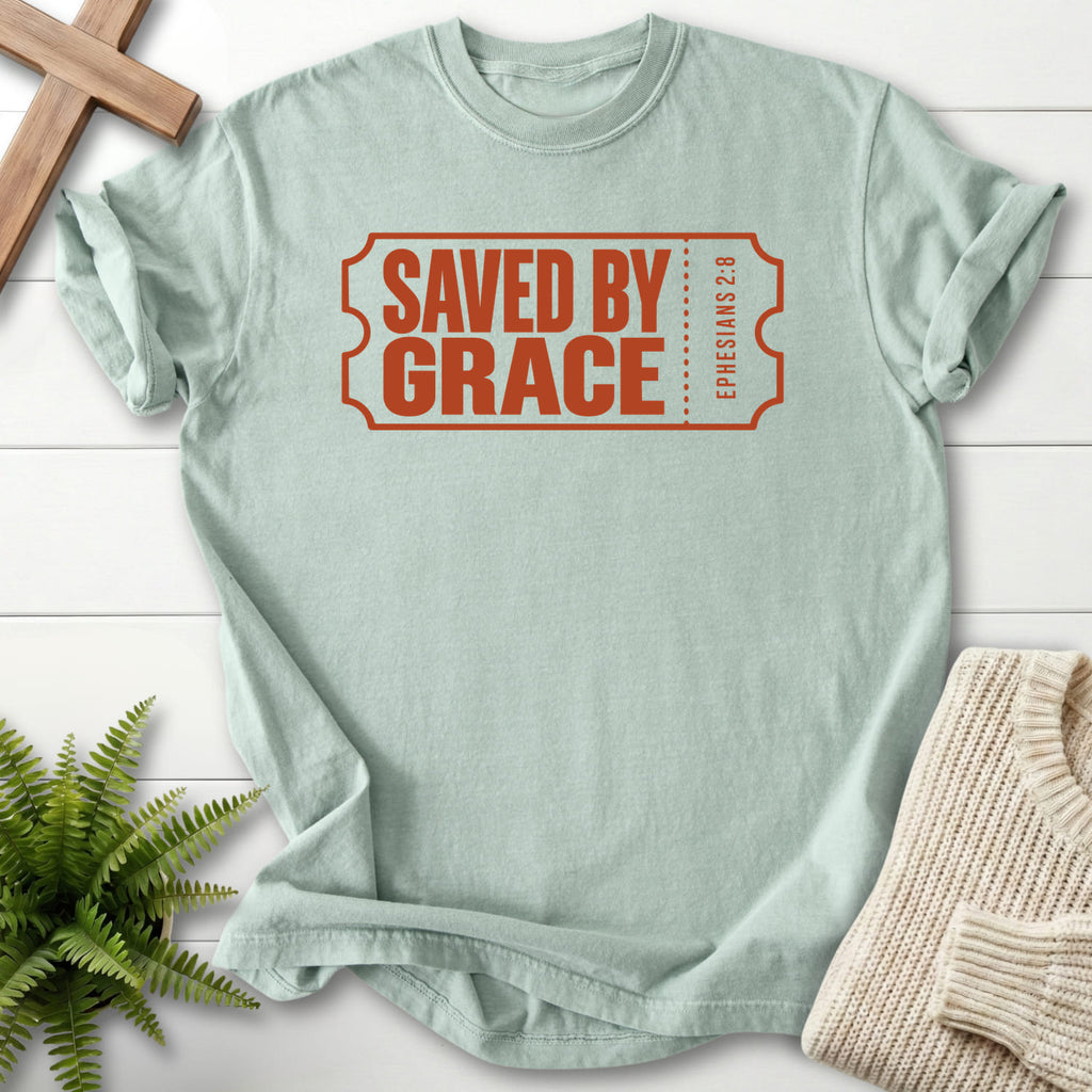Bay Saved by Grace Ticket T-shirt flat lay mockup, Ephesians 2:8 Christian apparel for women
