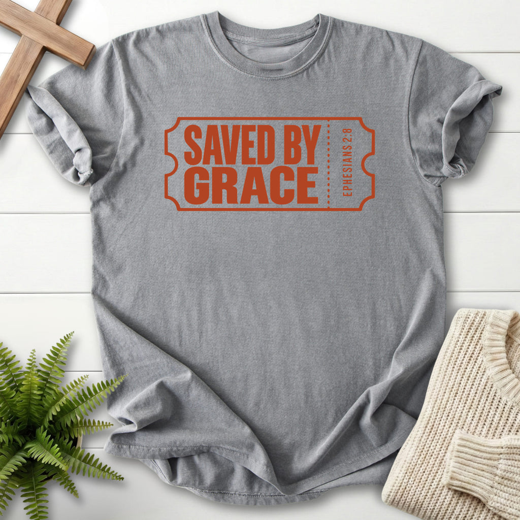Grey Saved by Grace Ticket T-shirt flat lay mockup, Ephesians 2:8 Christian apparel for women