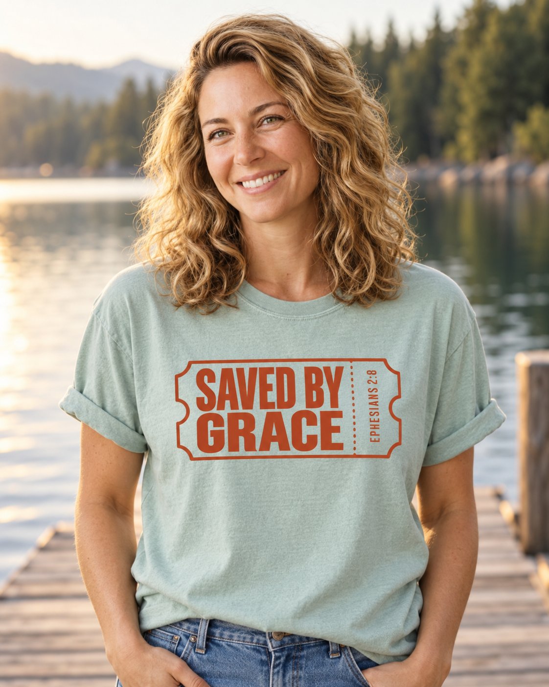 Saved by Grace Ticket, Bay women's Christian tee, lifestyle photo in lakeside setting, SAVED BY GRACE lettering inside a ticket outline, She Wears Faith