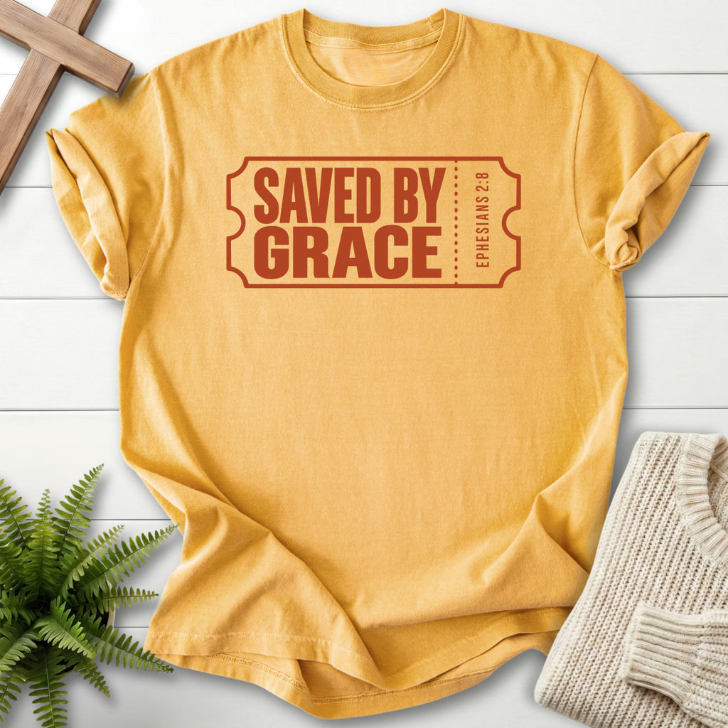 Mustard Saved by Grace Ticket T-shirt flat lay mockup, Ephesians 2:8 Christian apparel for women