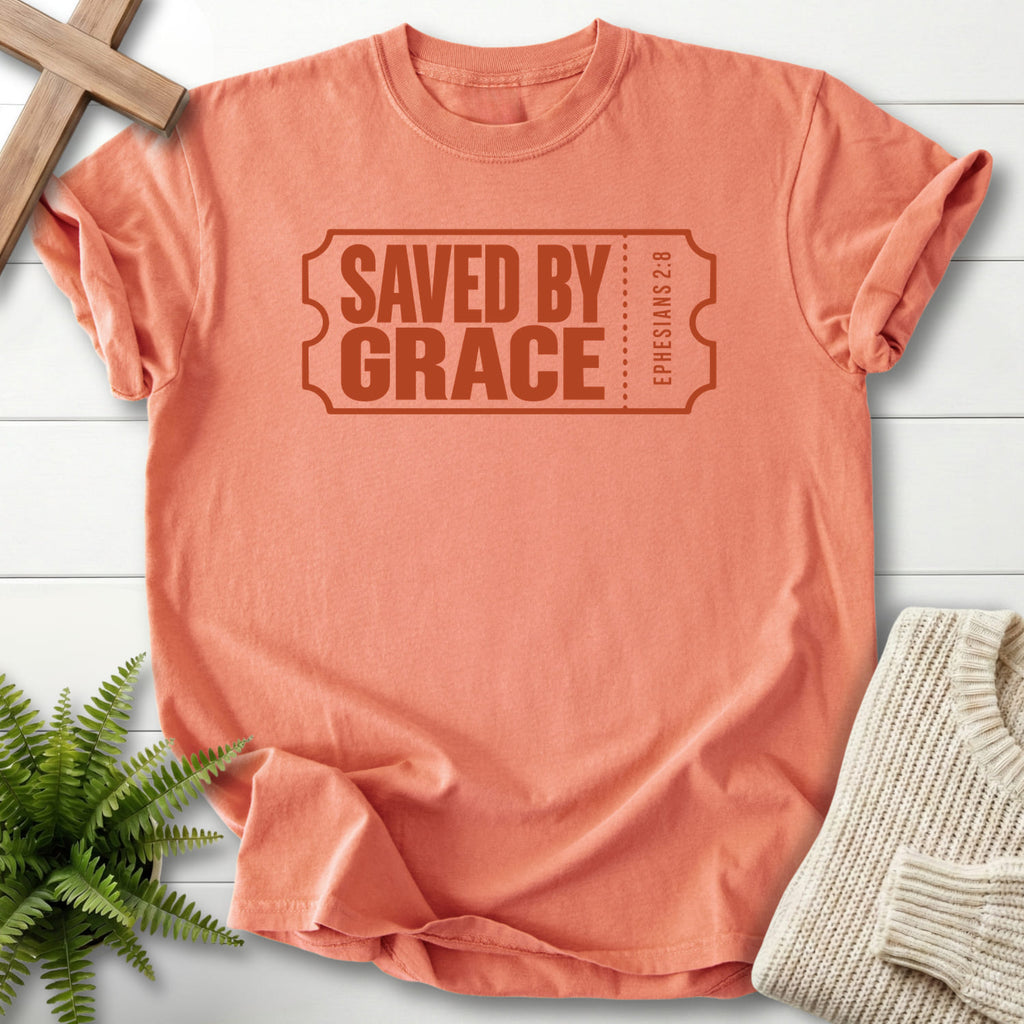 Terracotta Saved by Grace Ticket T-shirt flat lay mockup, Ephesians 2:8 Christian apparel for women