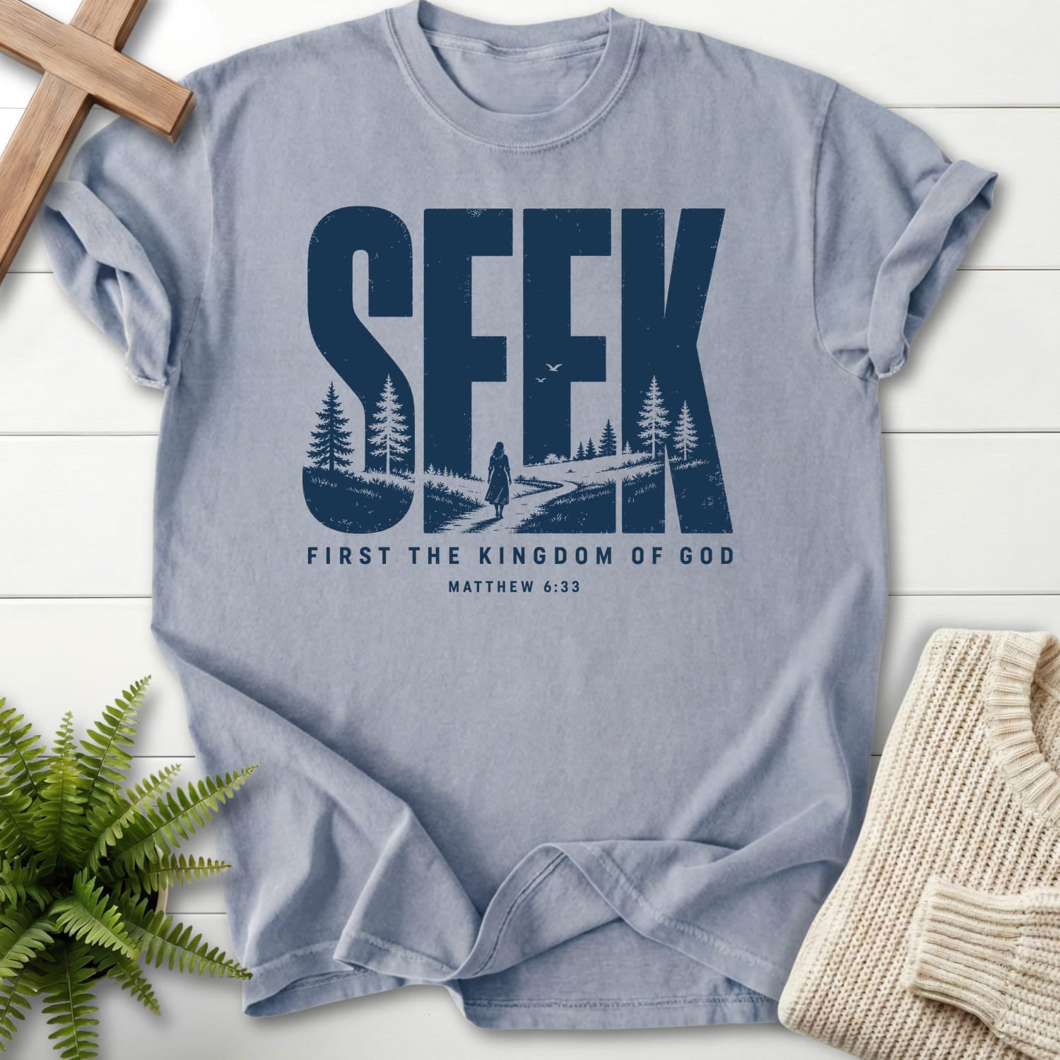 Granite color option for the Seek First the Kingdom of God faith-inspired shirt with "Seek First the Kingdom of God T-Shirt" Matthew 6:33.