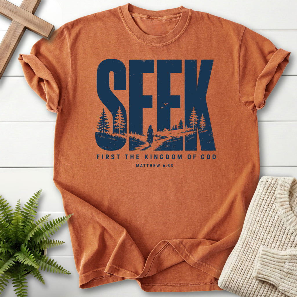 Yam color option for the Seek First the Kingdom of God faith-based tee with "Seek First the Kingdom of God T-Shirt" Matthew 6:33.