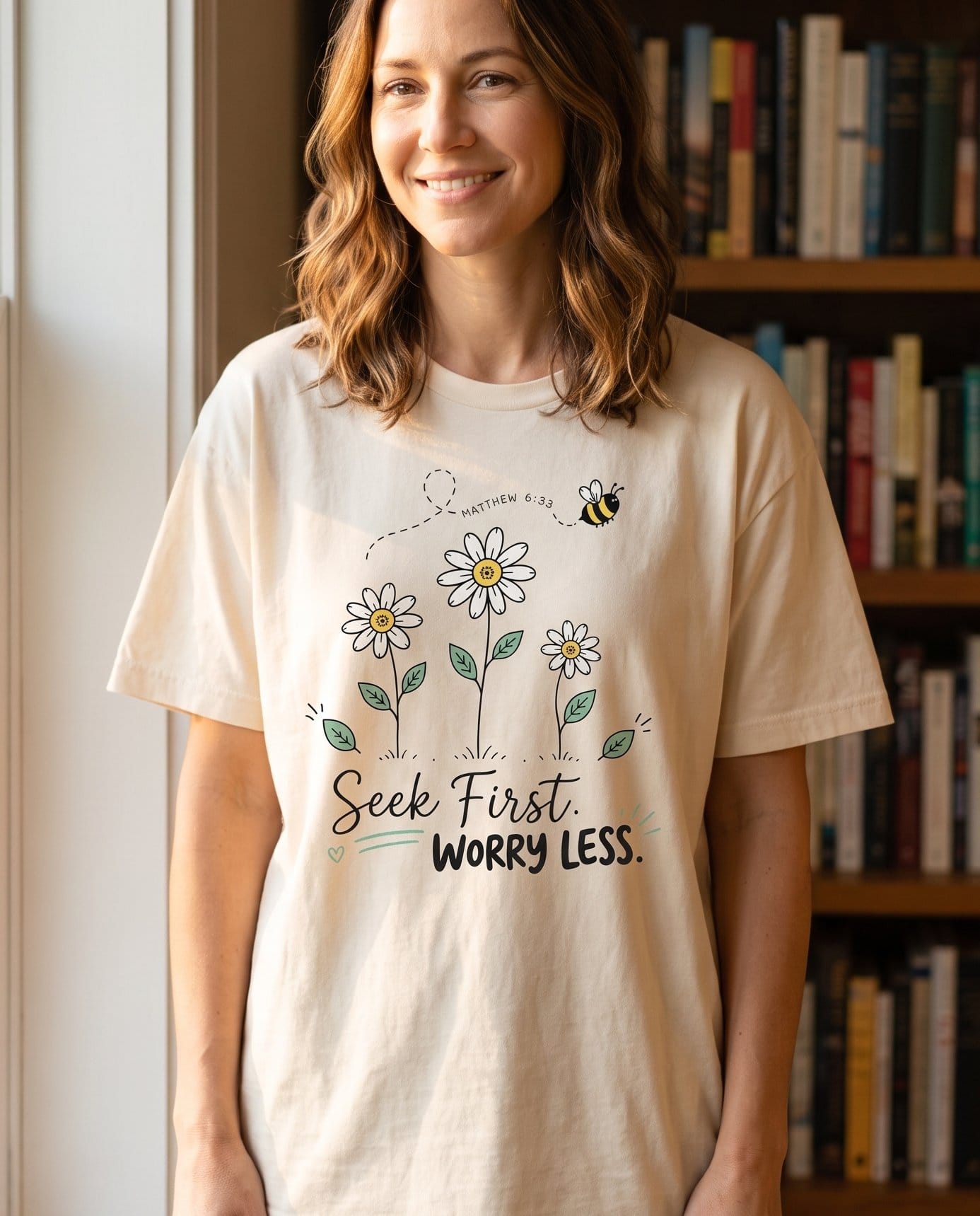 Seek First Worry Less Matthew 6:33 – Ivory women's Christian tee, lifestyle photo in cozy reading nook – Three hand-drawn daisies with soft green leaves and a small bee on a d – Matthew 6:33 – She Wears Faith