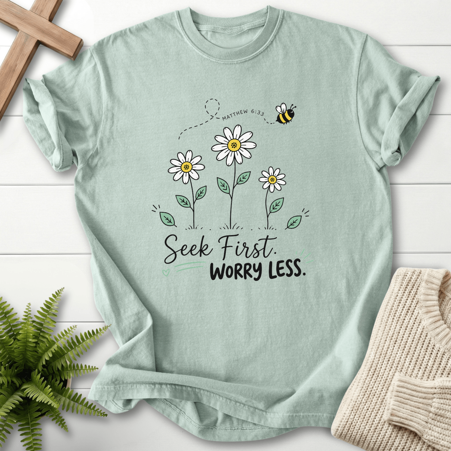 Seek First Worry Less Matthew 6:33 T-Shirt in Bay | She Wears Faith