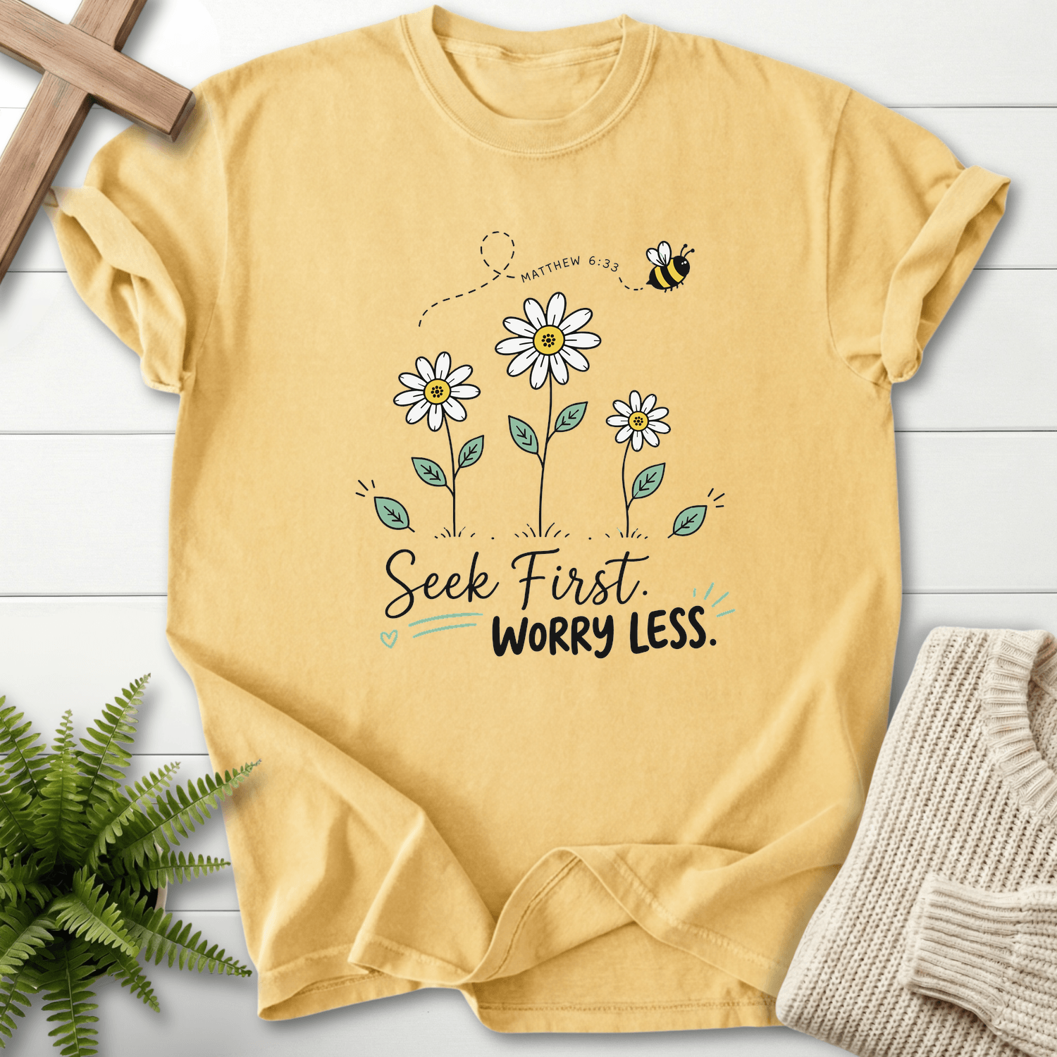 Seek First Worry Less Matthew 6:33 T-Shirt in Butter | She Wears Faith