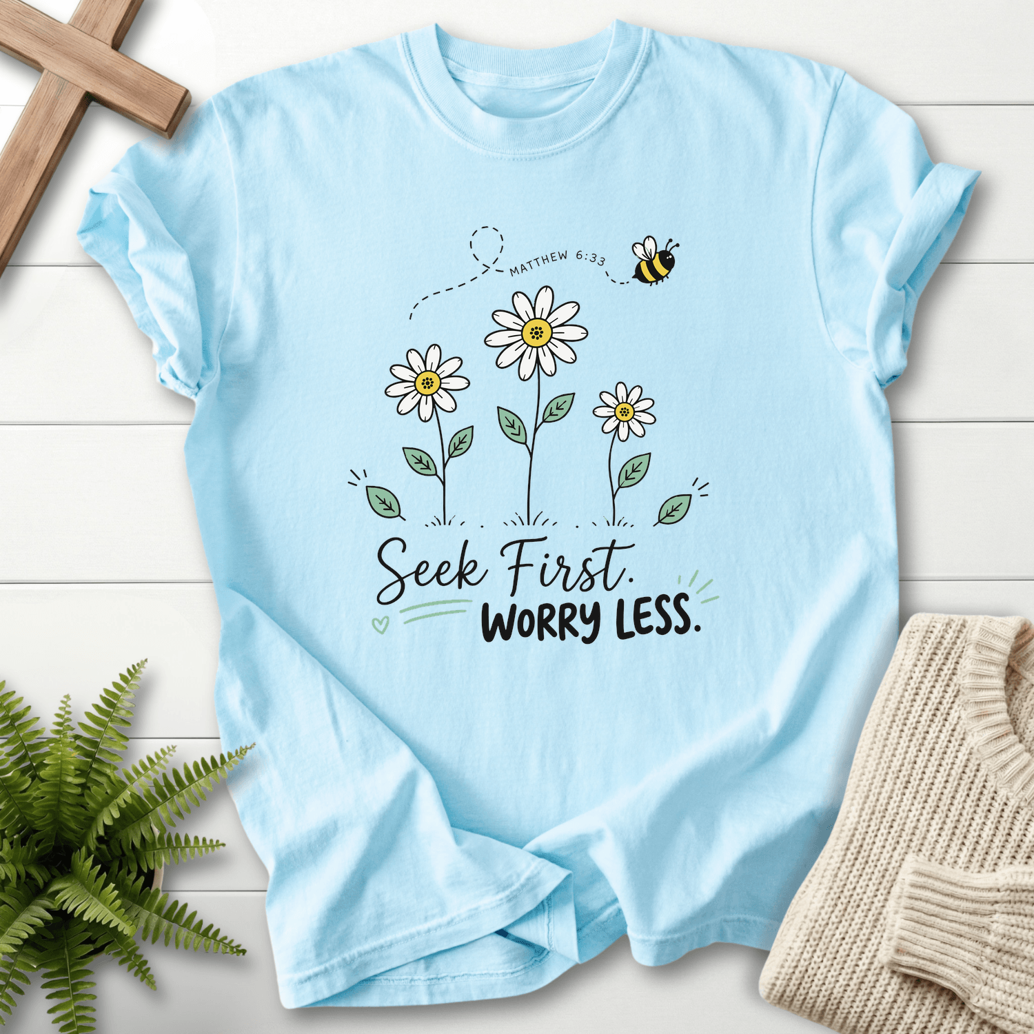 Seek First Worry Less Matthew 6:33 T-Shirt in Chambray | She Wears Faith