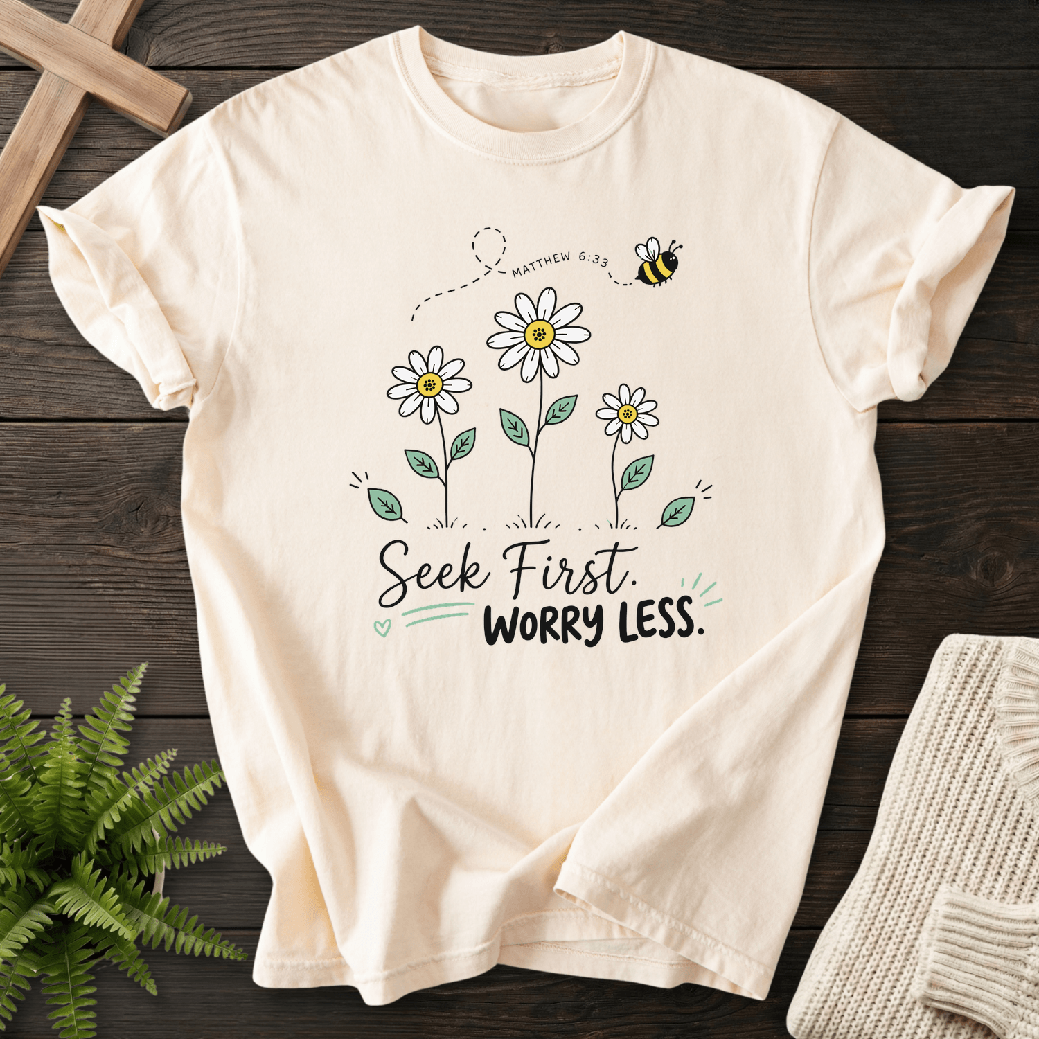 Seek First Worry Less Matthew 6:33 T-Shirt in Ivory | She Wears Faith