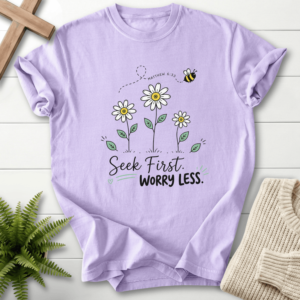 Seek First Worry Less Matthew 6:33 T-Shirt in Orchid | She Wears Faith