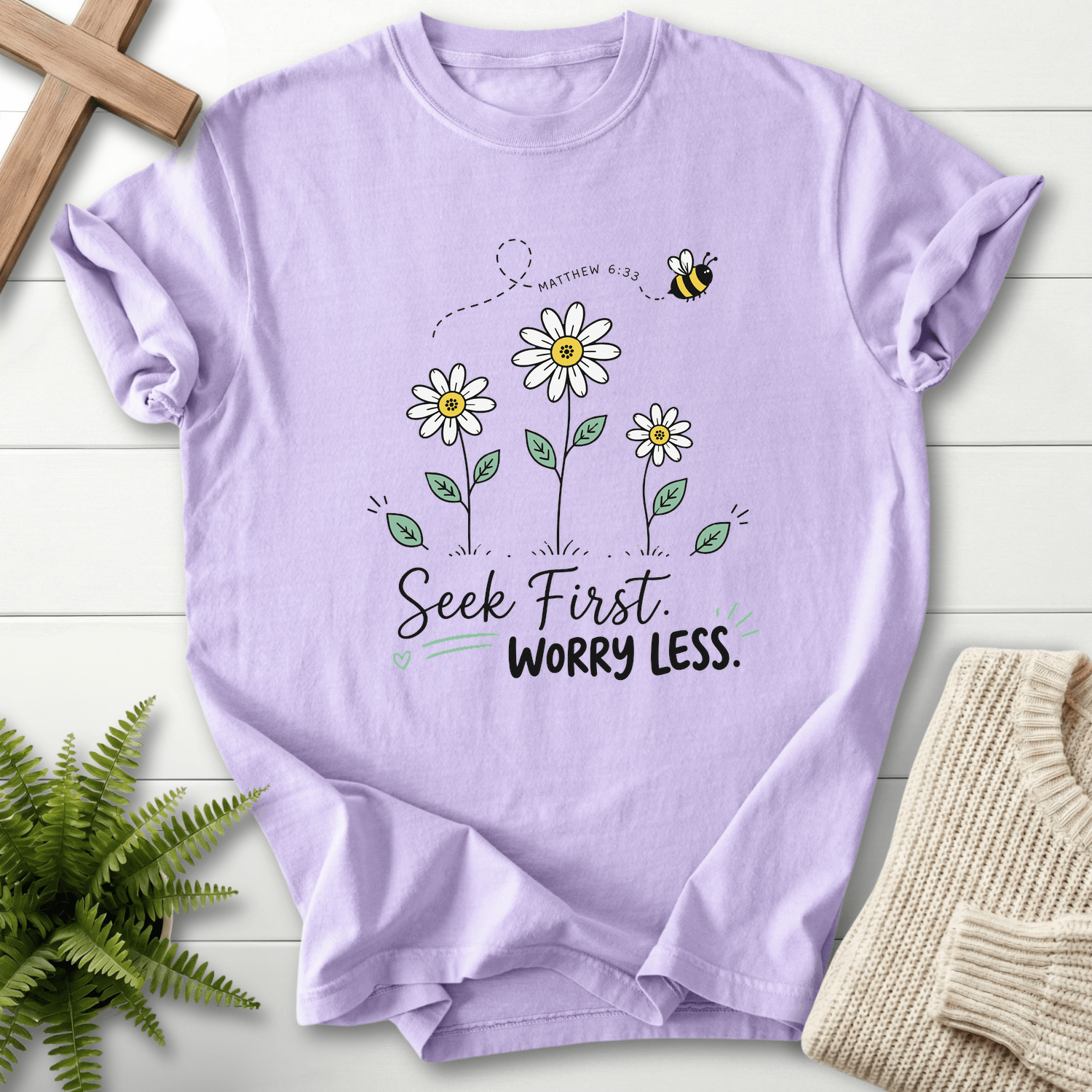 Seek First Worry Less Matthew 6:33 T-Shirt in Orchid | She Wears Faith