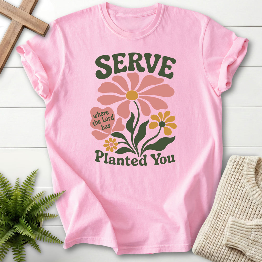 Flatlay of a Blossom Comfort Colors 1717 Christian t-shirt for women with floral line art with "Serve Where You Are Planted T-Shirt" From Printify.