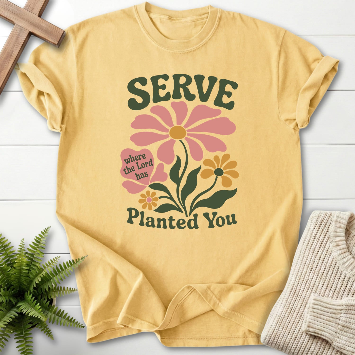 Butter color option for the Serve Where You Are Planted faith-based tee with floral line art with "Serve Where You Are Planted T-Shirt".