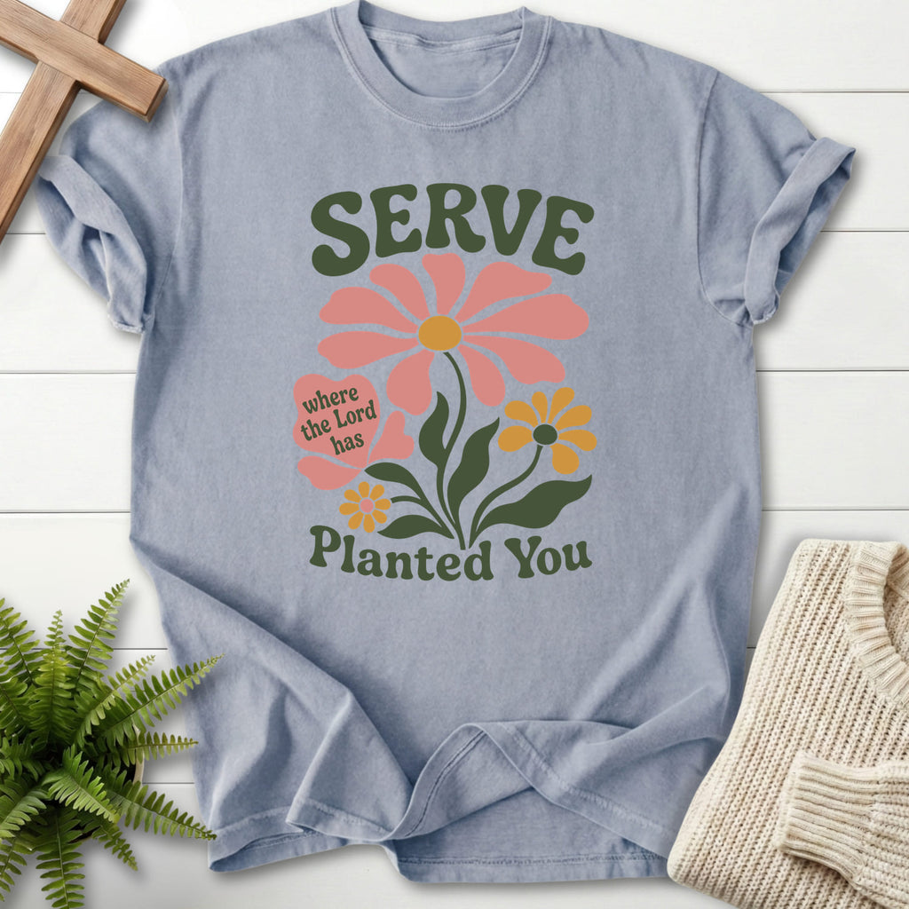 Granite color option for the Serve Where You Are Planted tee with floral line art with "Serve Where You Are Planted T-Shirt" from Printify.