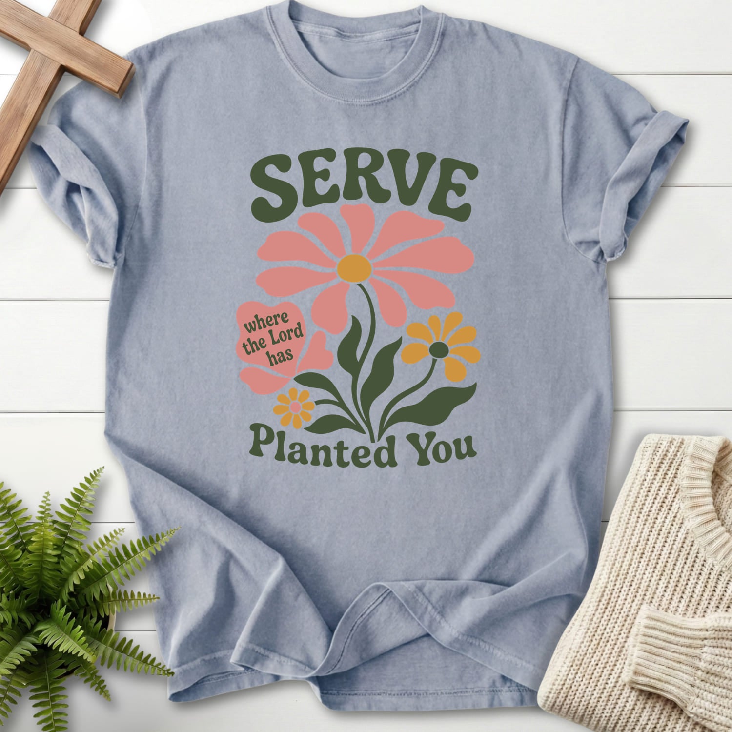Granite color option for the Serve Where You Are Planted tee with floral line art with "Serve Where You Are Planted T-Shirt" from Printify.