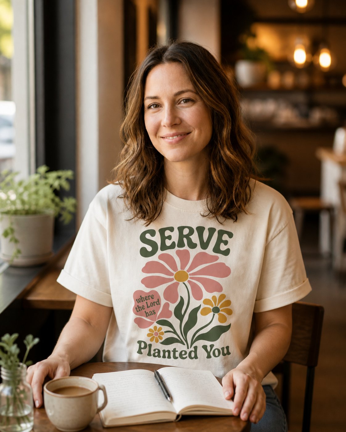 Serve Where You Are Planted – Ivory women's Christian tee, lifestyle photo in cozy café – Retro groovy daisies with bold SERVE lettering – She Wears Faith