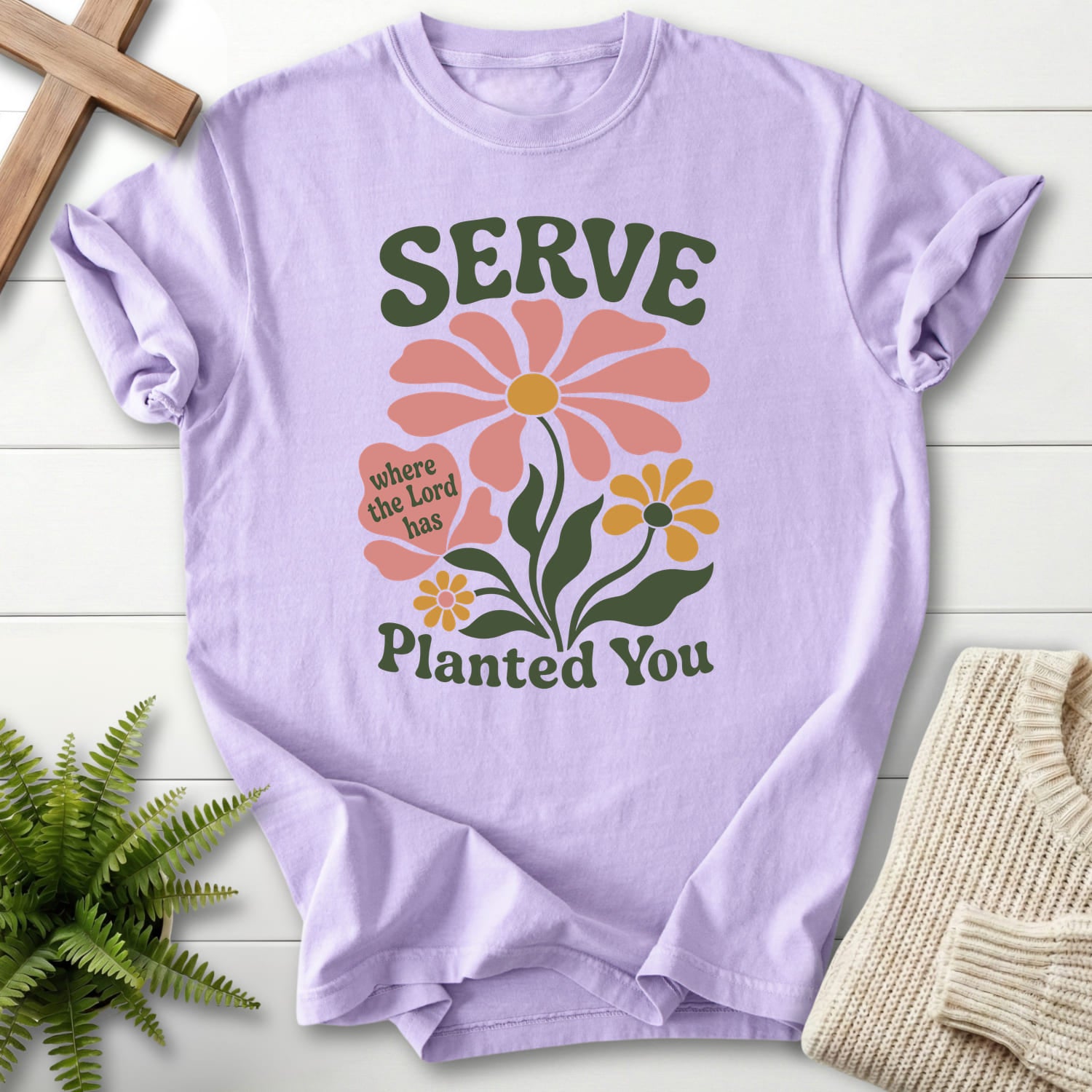 Orchid color option for the Serve Where You Are Planted Christian graphic tee with floral line art with "Serve Where You Are Planted T-Shirt".