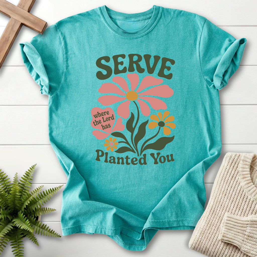 Flat lay of a Seafoam women's Christian tee featuring floral line art with "Serve Where You Are Planted T-Shirt" From Printify.
