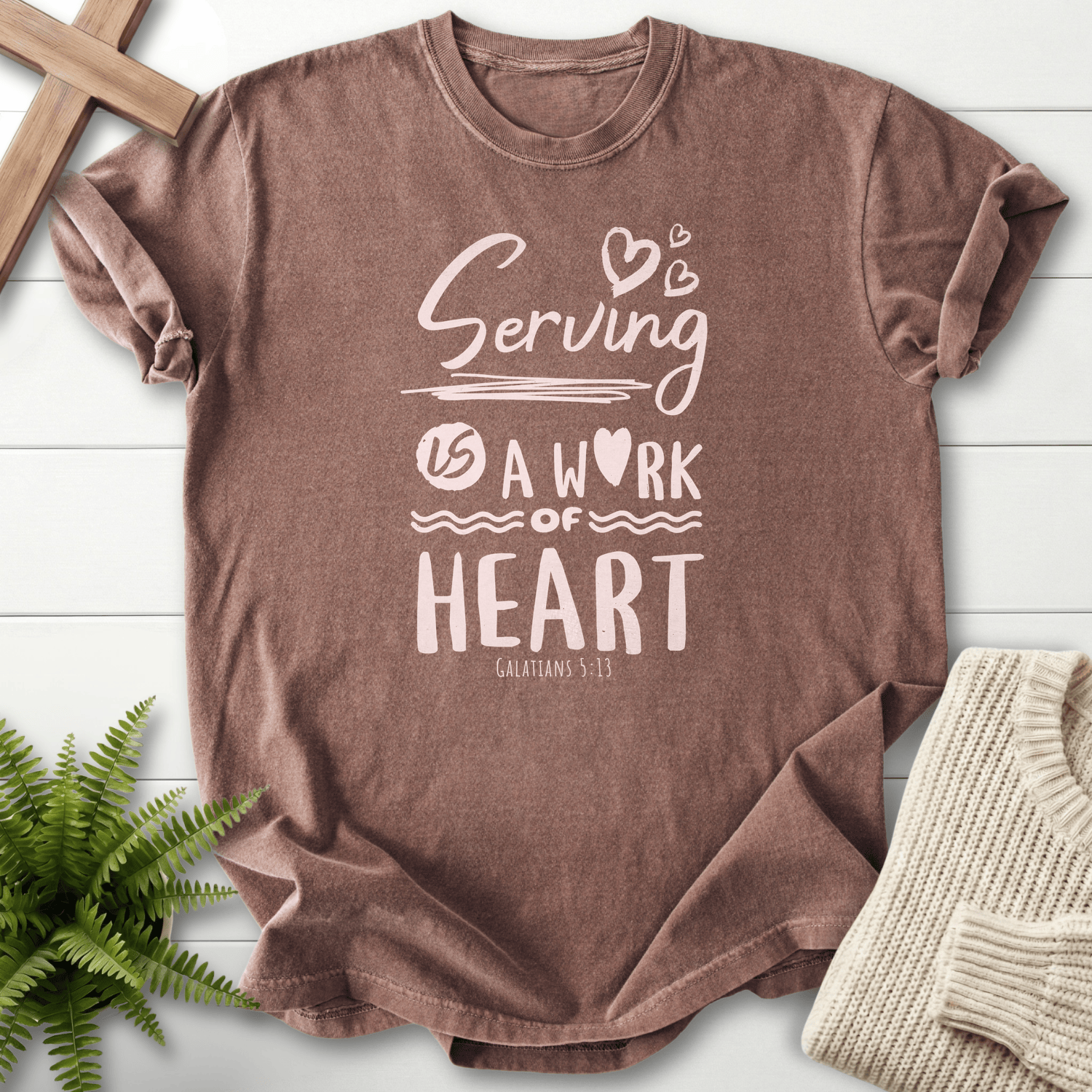 Espresso women's Scripture shirt with mixed-font "Serving is a Work of Heart," inspired by Galatians 5:13.