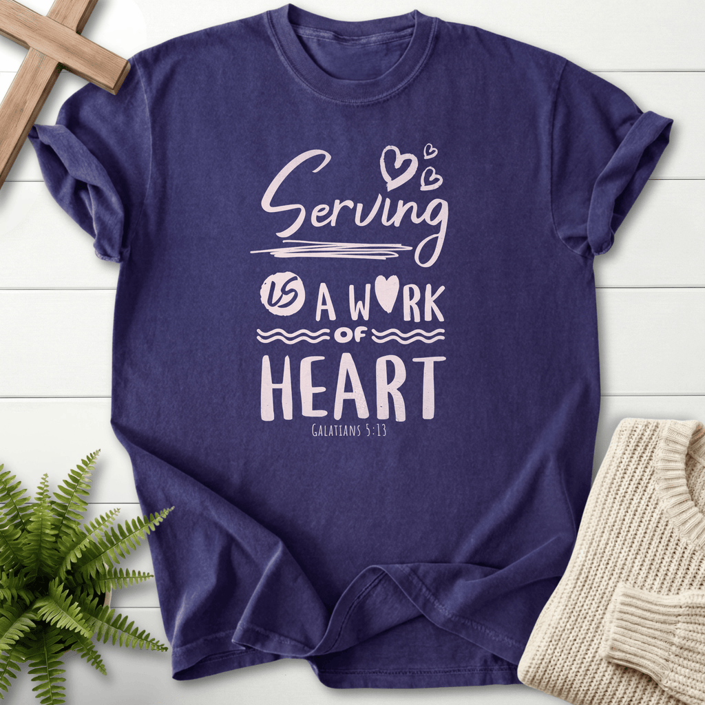 Grape women's Bible verse tee with hand-lettered serving hearts design, inspired by Galatians 5:13.