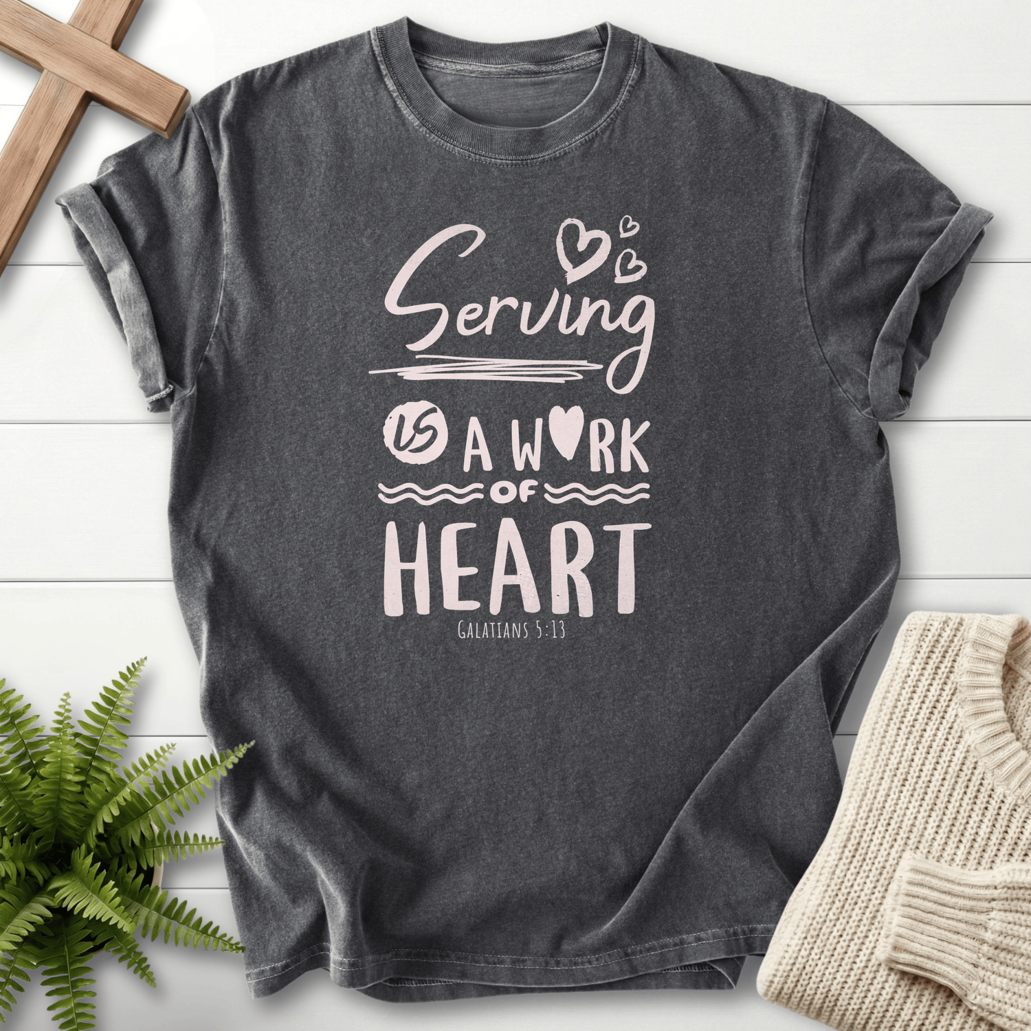 Pepper women's Christian t-shirt with hand-lettered "Serving is a Work of Heart," inspired by Galatians 5:13.