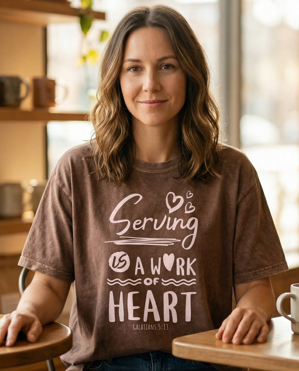 Serving Is a Work of Heart – Espresso women's Christian tee, lifestyle photo in cozy café – Hand-lettered mixed-font design reading 'Serving is a Work of Heart' w – Galatians 5:13 – She Wears Faith