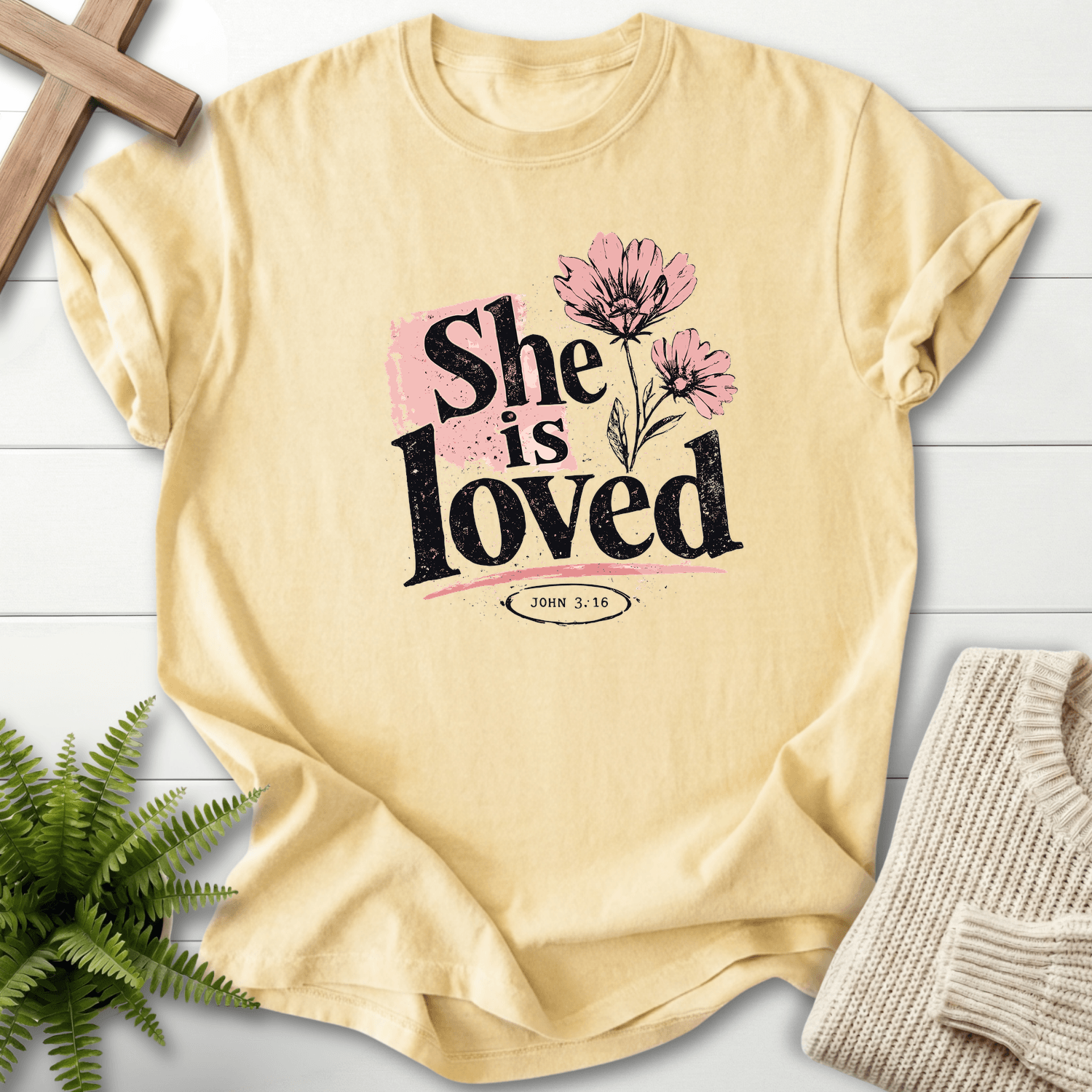 She is Loved Graphic T-Shirt in Banana | She Wears Faith