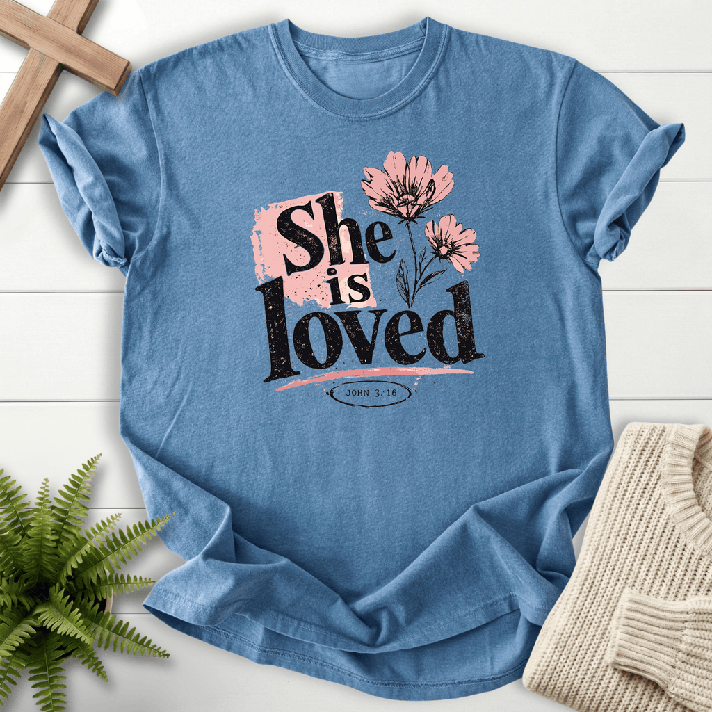 She is Loved Graphic T-Shirt in Blue Jean | She Wears Faith