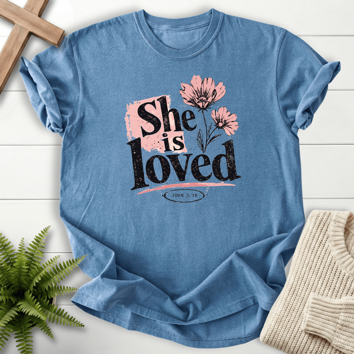 She is Loved Graphic T-Shirt in Blue Jean | She Wears Faith