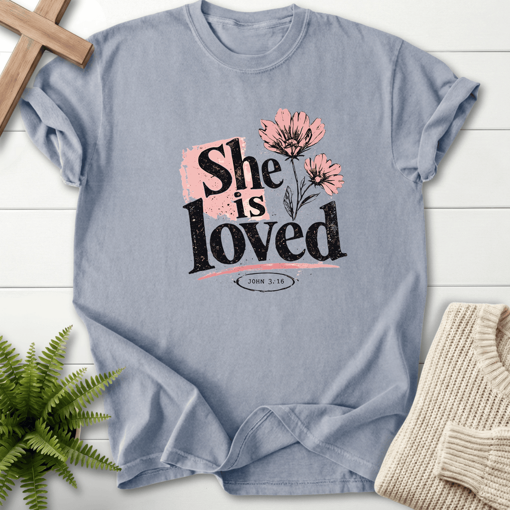 She is Loved Graphic T-Shirt in Granite | She Wears Faith