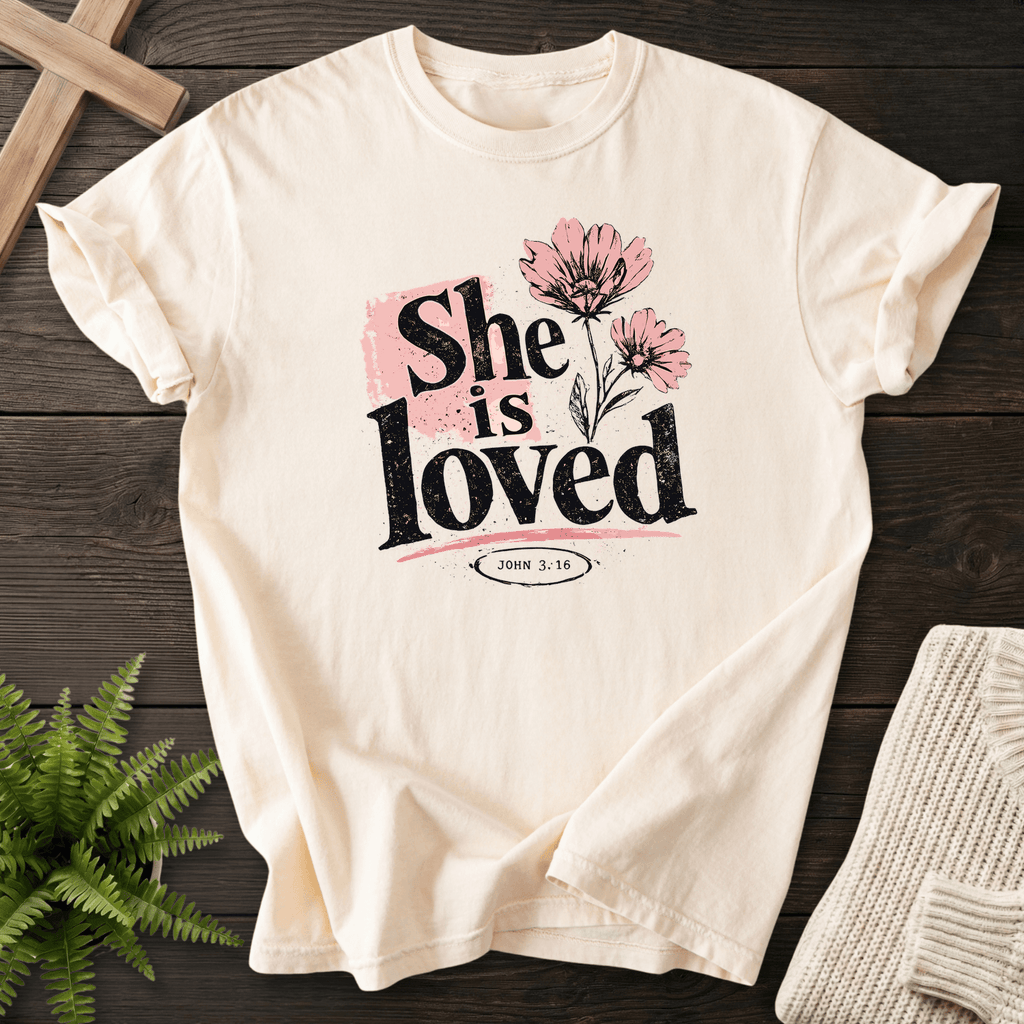 She is Loved Graphic T-Shirt in Ivory | She Wears Faith