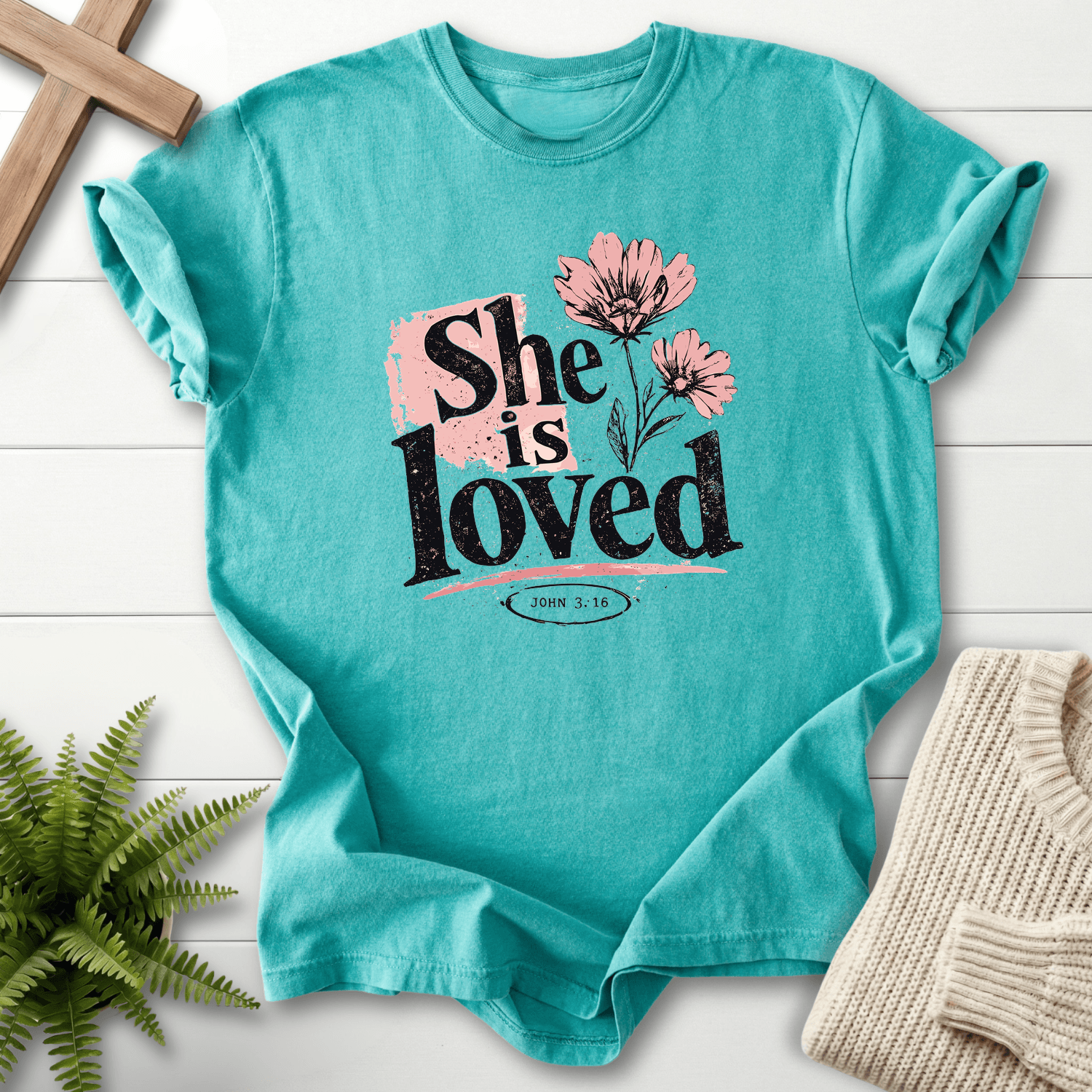 She is Loved Graphic T-Shirt in Seafoam | She Wears Faith