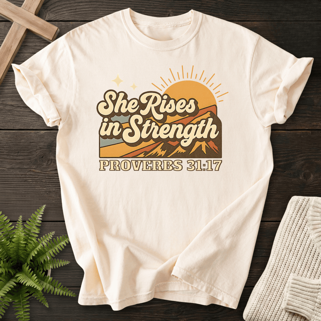Ivory women's faith t-shirt with vintage mountain and sun graphic, inspired by Proverbs 31:17.