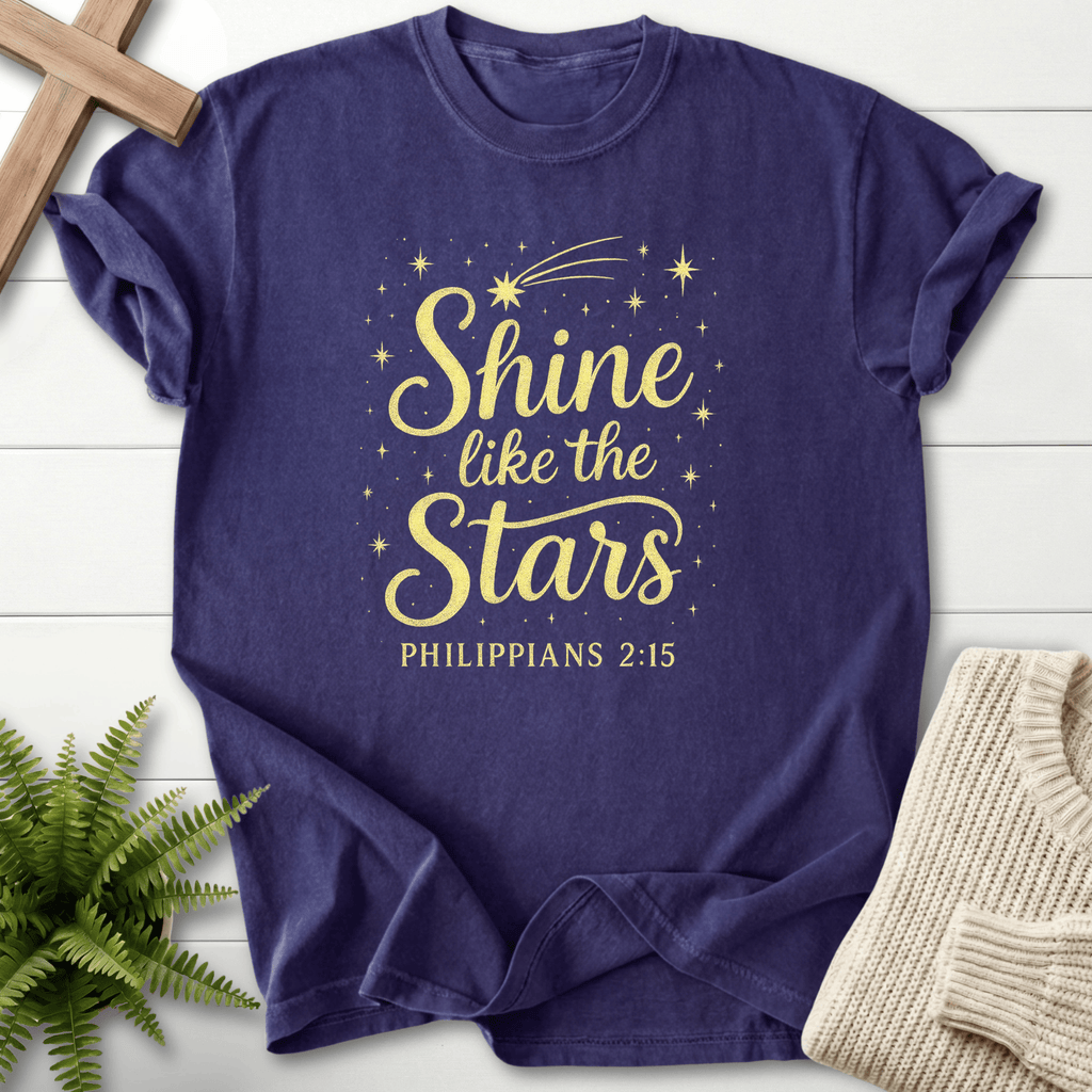 Grape women's Christian t-shirt with gold star script, inspired by Philippians 2:15.