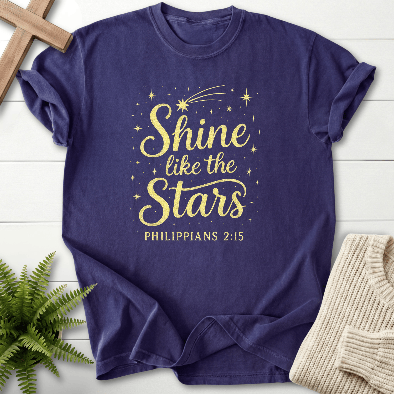 Grape women's Christian t-shirt with gold star script, inspired by Philippians 2:15.
