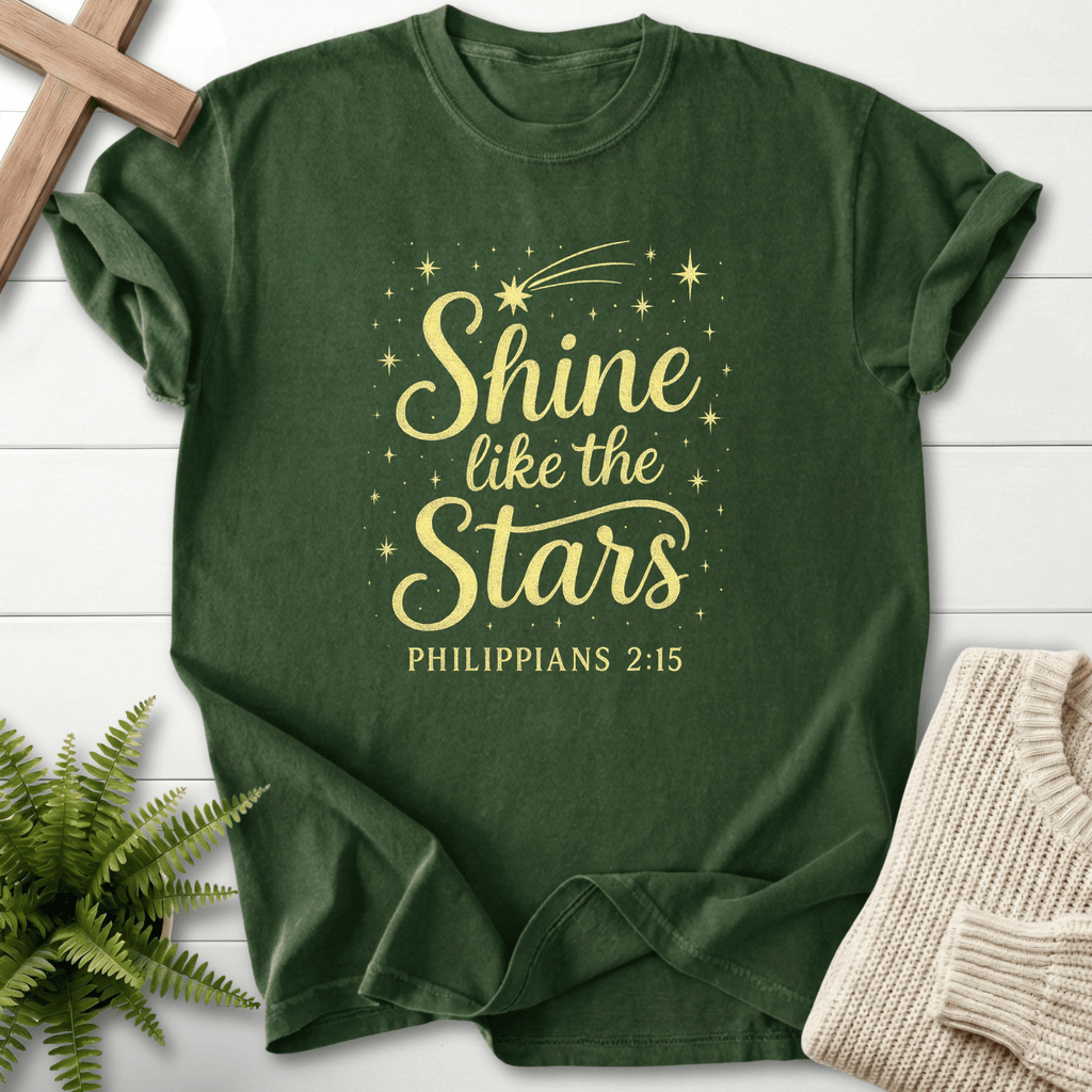 Hemp women's Bible verse tee with gold "Shine like the Stars" lettering and shooting star, inspired by Philippians 2:15.