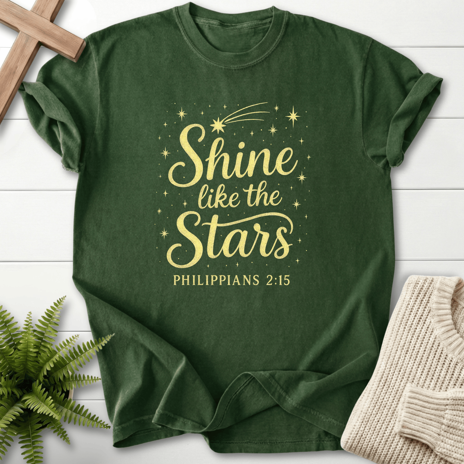 Hemp women's Bible verse tee with gold "Shine like the Stars" lettering and shooting star, inspired by Philippians 2:15.